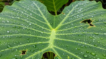 A close-up view of a large green taro leaf covered in fresh rain droplets. The image highlights the intricate vein structure and water-repellent texture of the tropical foliage.の素材