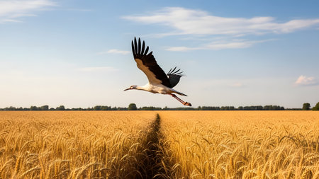 A white stork flies low over a golden wheat field on a sunny day. The bird's wings are spread wide, gliding above the ripe crop, creating a peaceful rural agricultural scene.の素材