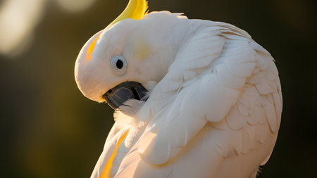 A close-up portrait of a white Sulphur-crested Cockatoo preening its feathers in soft sunlight. The bird's yellow crest is visible, and the lighting accentuates the delicate texture of its white plumage.の素材