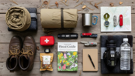 A perfectly organized flat lay of hiking and camping essentials arranged on a wooden surface. The collection includes boots, a backpack, map, compass, camera, water bottle, knife, and first aid kit.の素材