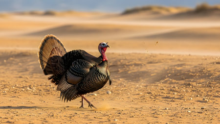 A wild turkey walking across a sandy desert landscape with dunes in the background. The bird displays its textured feathers and red wattle, contrasting with the warm, arid environment.の素材