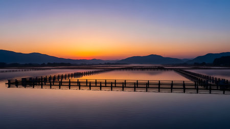 A scenic view of a fish farm or aquaculture setup on a calm lake at sunset. The geometric cages are silhouetted against the vibrant orange and purple sky, creating a peaceful industrial landscape.の素材