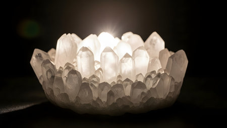 A mesmerizing cluster of white quartz crystals illuminated from within, creating a warm, ethereal glow against a dark background. The sharp, translucent points resemble a magical mineral lamp or spiritual artifact.の素材