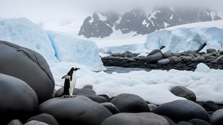A Gentoo penguin standing on a smooth rock amidst a landscape of ice and snow. The background features massive glaciers and snowy mountains, characteristic of the Antarctic environment.の素材