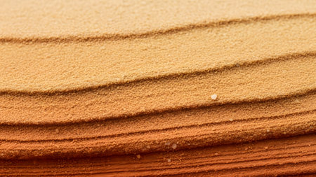 An abstract texture shot of layered sand featuring wavy lines in various shades of yellow, orange, and brown. The natural pattern evokes geological formations or desert landscapes.の素材