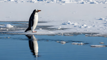 A Gentoo penguin standing at the edge of an ice floe with its reflection visible in the calm blue water. The pristine snowy background highlights the beauty of Antarctic wildlife.の素材