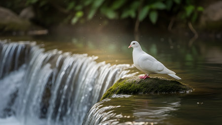 A beautiful white dove standing on a moss-covered stone in the middle of a gentle stream or small waterfall. The serene nature scene highlights peace, purity, and the beauty of wildlife in its habitat.の素材