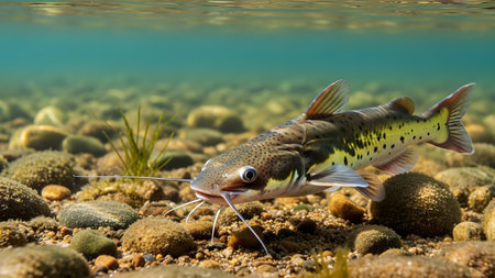 A spotted catfish swimming underwater near the pebbly riverbed. The clear water reveals the fish's details and whiskers, showcasing freshwater aquatic life in its natural habitat.の素材
