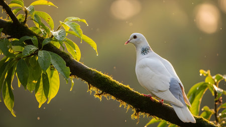A beautiful white pigeon or dove perched on a moss-covered tree branch. The bird is illuminated by soft backlighting, with rain droplets visible on the green leaves, symbolizing peace and purity.の素材