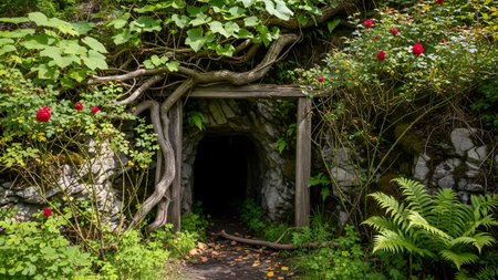 A mysterious stone tunnel entrance overgrown with twisting vines, ferns, and red roses. The dark opening invites curiosity, set within a lush, green, fairytale-like garden environment.の素材