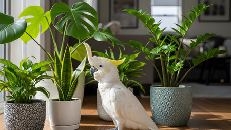 A beautiful white cockatoo with a yellow crest stands on a wooden floor inside a bright room filled with potted house plants. The bird looks attentive, surrounded by greenery like monstera and snake plants, creating a harmonious indoor nature scene.の素材