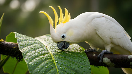 A close-up of a white sulphur-crested cockatoo perched on a branch, biting a large green leaf with water drops on it. The bird's yellow crest and focused expression are highlighted against the blurred forest background.の素材