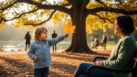 A mother and her young child sitting on a park bench on a sunny autumn day. The child is holding up a large yellow maple leaf, sharing a moment of discovery and connection with the parent.の素材