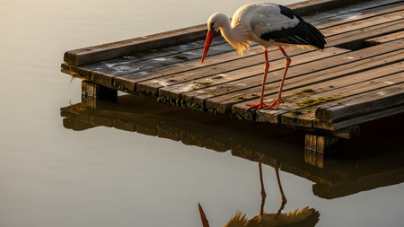 A white stork standing on the edge of an old wooden dock over calm water. The bird looks down at its reflection, creating a peaceful and scenic wildlife moment in a wetland environment.の素材