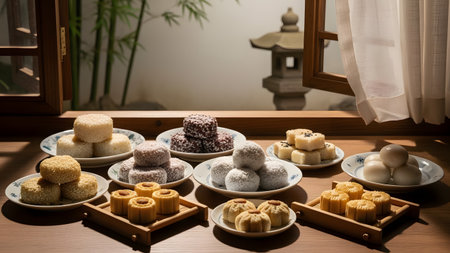An assortment of traditional Asian pastries, including mooncakes and sesame balls, arranged on a wooden table by a window. The view outside features a stone pagoda and garden, evoking a cultural tea time atmosphere.の素材