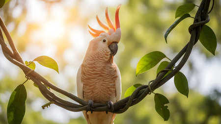 A majestic Salmon-crested Cockatoo perched on a thick vine in a sunlit jungle setting. The bird's peach-colored crest is raised, catching the warm backlighting, emphasizing its beauty in a natural habitat.の素材
