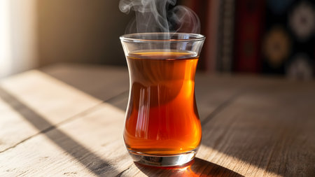 A glass of hot amber tea steaming in the sunlight on a rustic wooden table. The backlighting creates a warm glow through the liquid and highlights the rising steam, evoking a cozy morning atmosphere.の素材