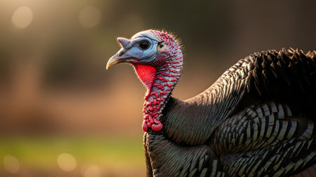 A detailed close-up profile portrait of a wild turkey's head and neck. The soft lighting highlights the textured, bumpy skin, the beak, and the bird's alert eye against a blurred natural background.の素材