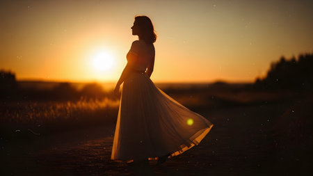 A silhouette of a woman wearing a white dress standing in a grassy field during a golden sunset. The warm backlight creates a dreamy and atmospheric mood, highlighting the contours of her figure.の素材