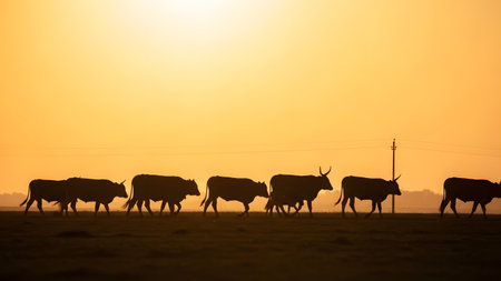 A silhouette of a herd of cows walking across a field against a bright, golden sunset sky. The scene captures the peaceful rural atmosphere, the warmth of the sun, and the beauty of livestock farming at dusk.の素材