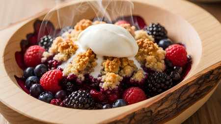A steaming wooden bowl of berry crumble or cobbler topped with a scoop of melting vanilla ice cream. The dessert features blackberries and raspberries, evoking a warm, comforting feel.の素材