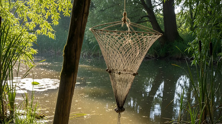 A conical fishing net hanging from a tree branch over a calm pond or river. The scene is illuminated by soft sunlight, highlighting the texture of the net and the surrounding green vegetation.の素材