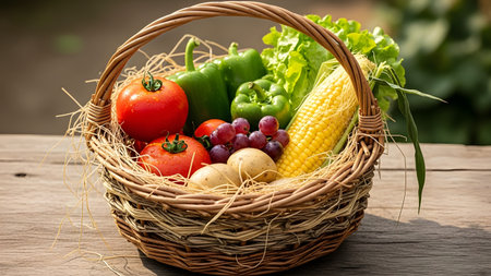 A rustic wicker basket overflowing with fresh organic vegetables, including corn, tomatoes, bell peppers, and potatoes. The basket sits on a wooden table outdoors, bathed in warm sunlight.の素材