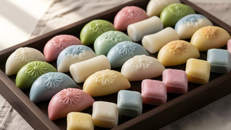 A wooden tray displaying an assortment of colorful Korean Songpyeon rice cakes. The pastel-colored, half-moon shaped treats are arranged neatly, representing a traditional Chuseok festival dessert.の素材
