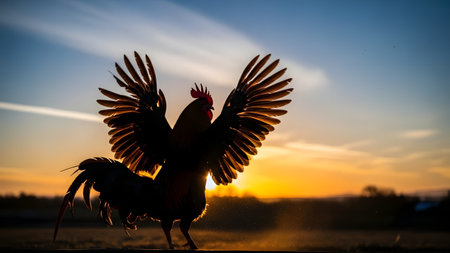 A majestic rooster flapping its wings and crowing while silhouetted against a golden sunrise. The backlighting highlights the texture of its feathers and the morning mist in a rural setting.の素材