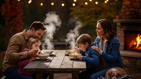 A happy family of four sitting at a wooden picnic table on a patio, eating hot soup on a crisp autumn evening. Steam rises from the bowls, and a fire burns in the background, creating a cozy atmosphere.の素材