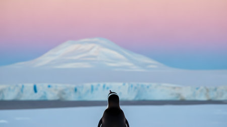 A rear-view shot of a penguin gazing out at a vast, frozen landscape with snow-covered mountains and glaciers. The scene is illuminated by the soft pink and purple hues of a sunrise or sunset.の素材