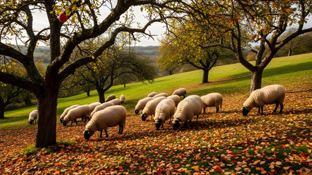 A flock of sheep grazing on grass and fallen leaves in an apple orchard during autumn. The scene features gnarled apple trees with red fruit and a backdrop of rolling green hills, capturing a pastoral season.の素材