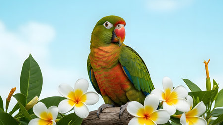 A vibrant green parakeet with a red beak perched on a branch surrounded by white and yellow plumeria flowers. The tropical bird is set against a bright blue sky, creating a cheerful nature scene.の素材
