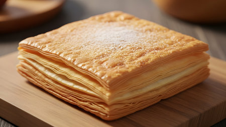 A square layered puff pastry topped with powdered sugar, sitting on a wooden board. The crispy, golden-brown layers of the mille-feuille style dessert look flaky and delicious, illuminated by soft, appetizing lighting.の素材