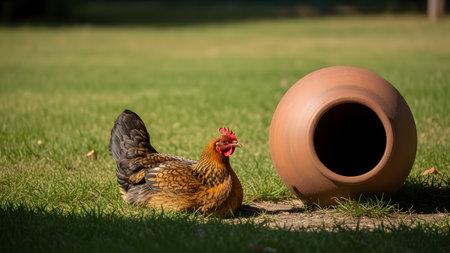A brown hen sitting comfortably on the grass next to a large terracotta clay pot. The sunny outdoor setting highlights the bird's patterned feathers and the peaceful farmyard atmosphere.の素材