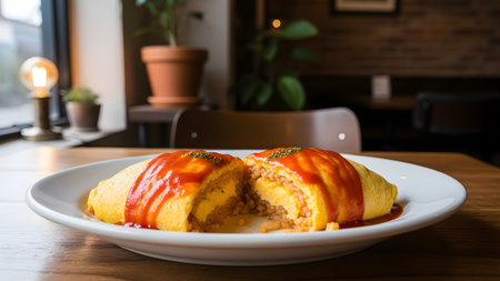 A plate of Japanese Omurice (omelette rice) cut open to reveal the seasoned fried rice inside. The fluffy yellow egg is topped with ketchup and parsley, sitting on a table in a cozy restaurant setting.の素材