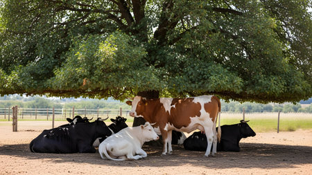 A herd of cows resting in the shade of a large, leafy tree on a sunny summer day. The peaceful rural scene shows the cattle lying on the ground to escape the heat of the open pasture.の素材