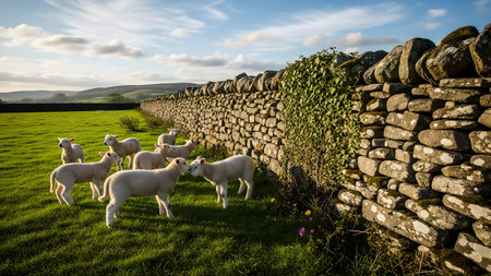 A flock of young lambs stands together near a dry stone wall in a lush green pasture. The sunlit rural landscape features rolling hills and a clear blue sky, evoking a peaceful spring morning.の素材