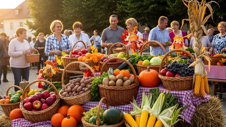 A vibrant farmers market scene filled with baskets of fresh apples, pumpkins, and corn in the foreground. People are browsing the stalls in the blurred background, enjoying the golden autumn harvest atmosphere.の素材