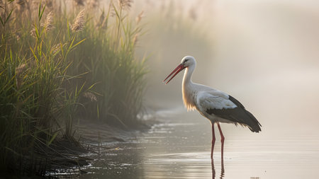 A white stork standing elegantly in shallow water near tall reeds on a misty morning. The soft, golden light creates a serene atmosphere, highlighting the bird's silhouette and red beak.の素材