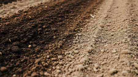 A detailed close-up showing the rich texture of plowed brown soil in an agricultural field. The image highlights the ridges, furrows, and earthy grains of the prepared ground ready for planting.の素材