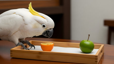 A curious white cockatoo with a yellow crest stands on a table, inspecting a wooden tray containing a half orange and a green apple. The bird leans forward with interest, highlighting its intelligence and interaction with fresh fruit.の素材