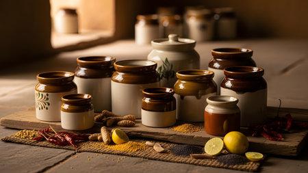 A collection of traditional white and brown ceramic jars, often used for storing pickles or chutney, arranged on a wooden board. The scene includes lemons, dried chilies, and spices like turmeric and mustard seeds, evoking a rustic kitchen atmosphere.の素材