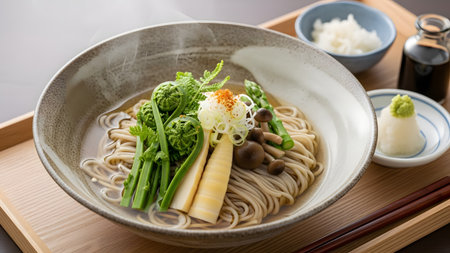 A ceramic bowl of Japanese Soba noodles served in broth with bamboo shoots, fiddlehead ferns, and mushrooms. The dish is presented on a wooden tray with side condiments, representing traditional cuisine.の素材