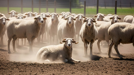 A large herd of sheep stands on dusty ground in a farm enclosure, led by a ram lying in the foreground. The scene is backlit by warm sunlight, highlighting the wool textures and the dust particles in the air, creating a rural agricultural atmosphere.の素材