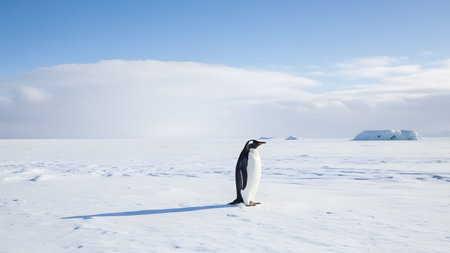 A solitary penguin stands on a vast expanse of white snow and ice under a bright blue sky with scattered clouds. In the distance, icebergs break the horizon of this pristine Antarctic landscape.の素材