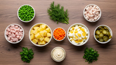 A top-down view of various diced ingredients prepared for a salad, arranged in small white bowls on a wooden table. The ingredients include potatoes, carrots, peas, ham, eggs, and pickles, accompanied by a jar of mayonnaise and fresh dill.の素材