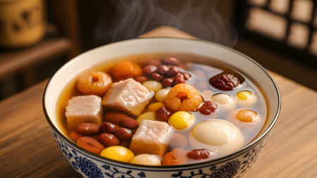 A bowl of traditional Asian sweet soup dessert, likely Tong Sui, containing red beans, lotus seeds, ginkgo nuts, and taro cubes. Steam rises from the warm, comforting dish served in a blue and white ceramic bowl.の素材