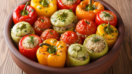 A clay pot filled with colorful stuffed bell peppers and round zucchini, filled with rice and herbs. The vibrant red, yellow, and green vegetables are arranged tightly, showcasing a hearty and healthy homemade meal.の素材