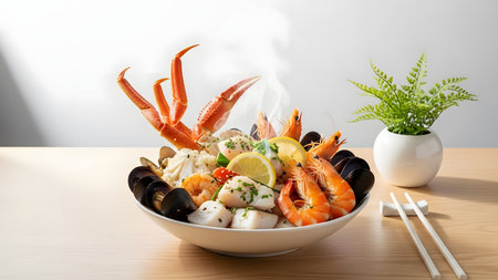 A steaming bowl of rich seafood stew, likely Cioppino or Bouillabaisse, overflowing with snow crab legs, mussels, shrimp, and white fish. Fresh lemon slices garnish the dish, which is presented in a white bowl on a wooden table.の素材